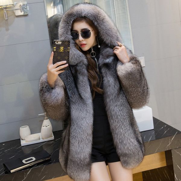 silver women frost fox with medium-sized leather hood long female luxury fur coat warm outerwear of winter 6ddq, Black
silver women frost fox with medium-sized leather hood long female luxury fur coat warm outerwear of winter 6ddq, Black