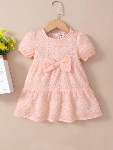 baby jacquard puff sleeve bow ruffle hem dress she, Red;yellow 
baby jacquard puff sleeve bow ruffle hem dress she, Red;yellow