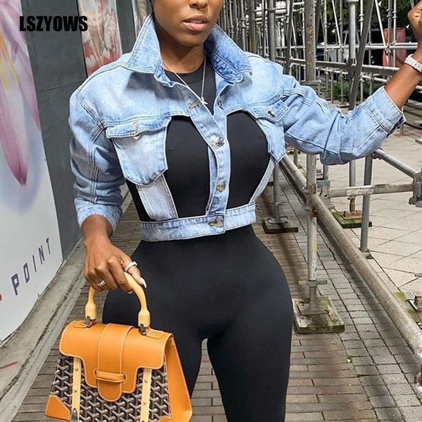 women's jackets 2021 women cropped denim jacket cut hollow out short jean casual long sleeve autumn female coat streetwear plus size, Black;brown
women's jackets 2021 women cropped denim jacket cut hollow out short jean casual long sleeve autumn female coat streetwear plus size, Black;brown