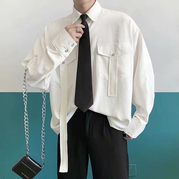 summer white men's long sleeve korean version trend handsome solid color shirt tooling coat fashion tie, White;black
summer white men's long sleeve korean version trend handsome solid color shirt tooling coat fashion tie, White;black