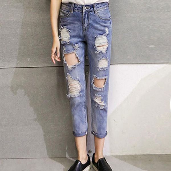 new ripped jeans boyfriend pencil pants femme jeans woman 7js010, Blue