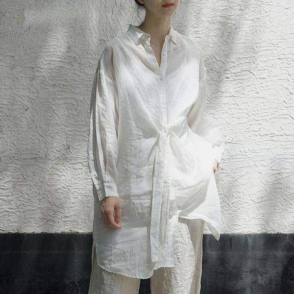 women's blouses & shirts johnature 2021 autumn solid color cotton linen turn-down collar single breasted lace up long shirt simple leis, White