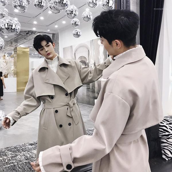 baggy double-breasted mid-long korean style windbreaker popular logo men's coat in autumn.1, Tan;black 
baggy double-breasted mid-long korean style windbreaker popular logo men's coat in autumn.1, Tan;black