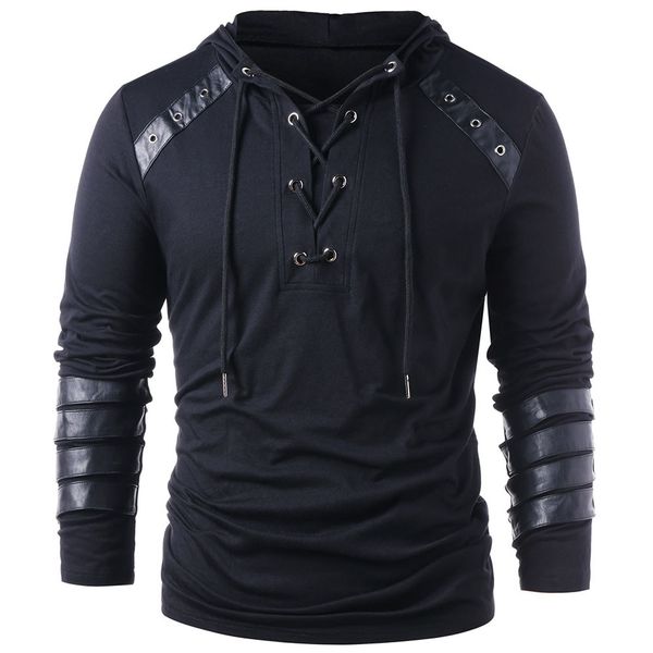 men's fashion faux leather lace up hoodie for boyfriend drawstring hoodie pullover sweatshirt full sleeves gothic camisetas c1116, Black
men's fashion faux leather lace up hoodie for boyfriend drawstring hoodie pullover sweatshirt full sleeves gothic camisetas c1116, Black
