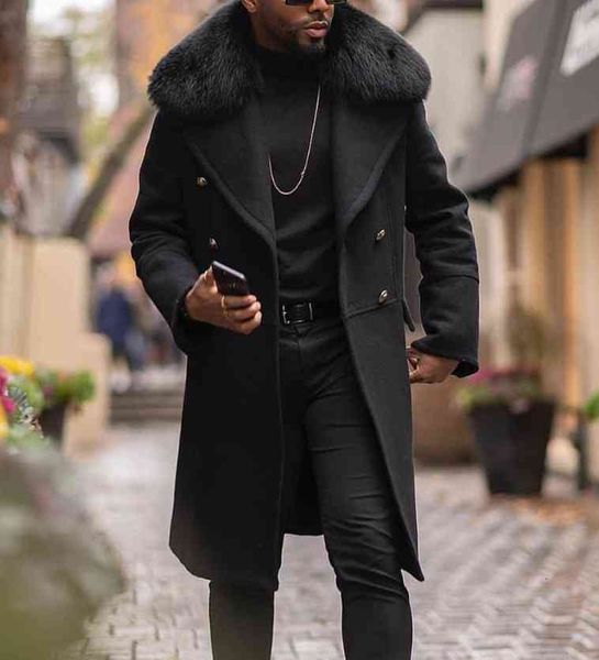 

digner men wool trench coat faux fur collar fashion winter busins long thick slim fit overcoat et parka mens clothing plus size 4xl, Black