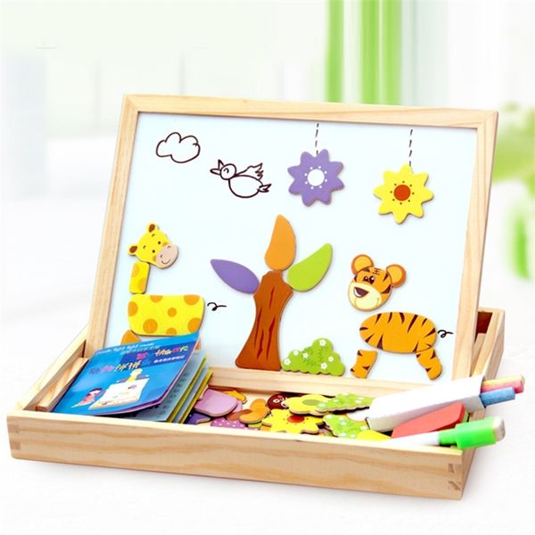 100+pcs Wooden Magnetic Puzzle Toys Children 3d Puzzle Figure/animals/ Vehicle /circus Drawing Board Educational Toys For Kids Y200413