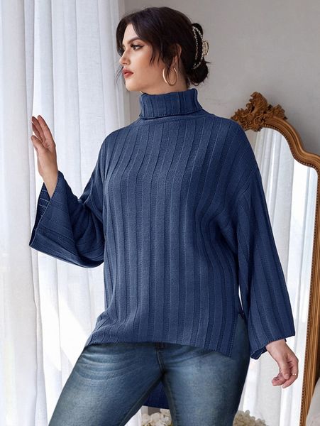 plus solid turtleneck slit hem sweater l07f#, Black 
plus solid turtleneck slit hem sweater l07f#, Black