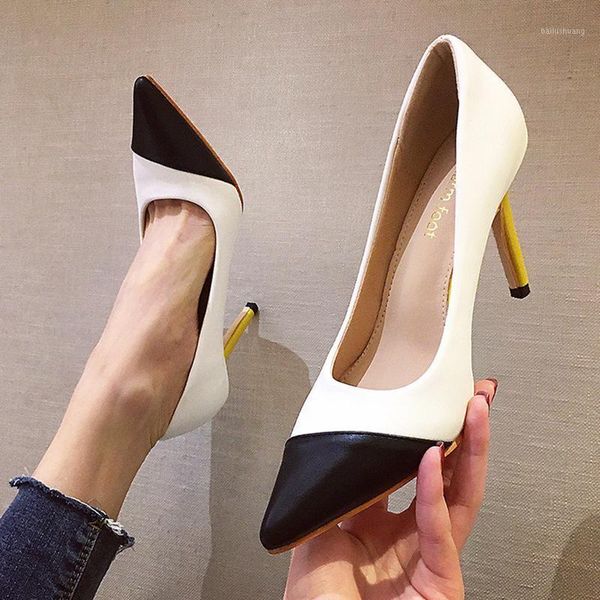 women summer fashion high-heeled pumps simple color matching stitching pointed shallow stiletto heels1, Black
women summer fashion high-heeled pumps simple color matching stitching pointed shallow stiletto heels1, Black