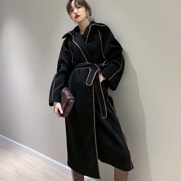 women's wool & blends personalized lace up tweed lapel 2021 warm splicing temperament versatile long coat women c2177, Black
women's wool & blends personalized lace up tweed lapel 2021 warm splicing temperament versatile long coat women c2177, Black