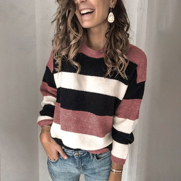 2020 autumn and winter new european and american plus size womens clothes contrast color striped sweater pullover loose sweater, White
2020 autumn and winter new european and american plus size womens clothes contrast color striped sweater pullover loose sweater, White