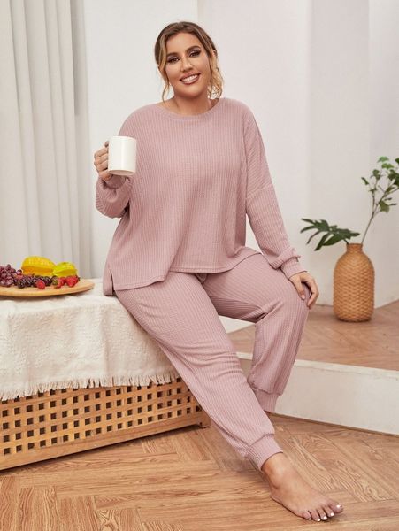 plus waffle knit high low hem pj set i8b3#, Black;white