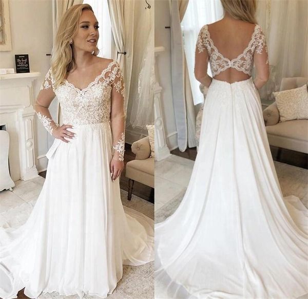 plus size chiffon a line wedding dresses v neck lace appliques long sleeve bridal gowns sweep train boho garden robes de mariée p82, White
plus size chiffon a line wedding dresses v neck lace appliques long sleeve bridal gowns sweep train boho garden robes de mariée p82, White
