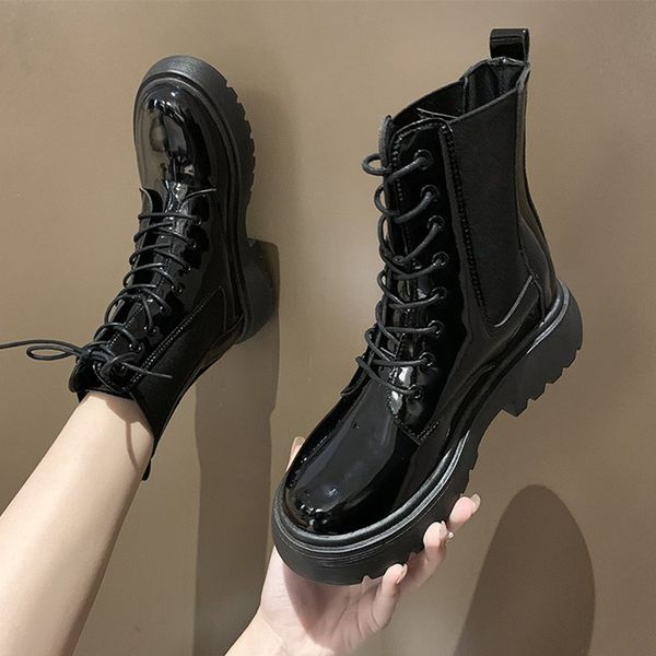 women boots ankle short shoes autumn patent leather lace up ladies female pu non slip winter footwear 2020 shoes woman, Black 
women boots ankle short shoes autumn patent leather lace up ladies female pu non slip winter footwear 2020 shoes woman, Black