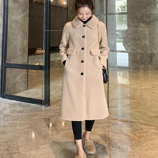 women's wool & blends lady winter warm fluffy coat long style plus size overcoat 2021 korean solid plush slim cardigan outerwear, Black
women's wool & blends lady winter warm fluffy coat long style plus size overcoat 2021 korean solid plush slim cardigan outerwear, Black