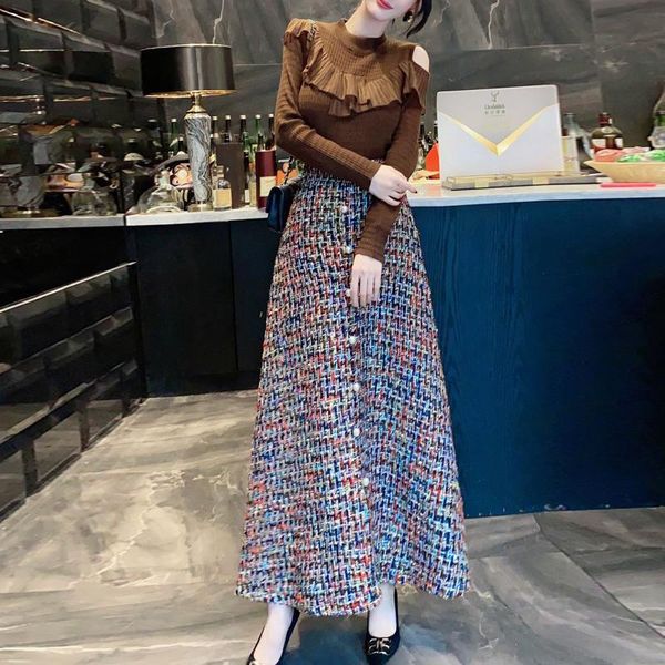 runway designer fall winter two piece outfits vintage women off shoulder sweater and long tweed woolen skirt suit party twinset, Gray
runway designer fall winter two piece outfits vintage women off shoulder sweater and long tweed woolen skirt suit party twinset, Gray