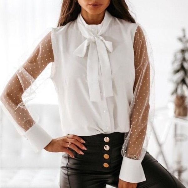 women's blouses & shirts women see-through mesh blouse elegant bowknot button office lady patchwork sleeve pullover, White
women's blouses & shirts women see-through mesh blouse elegant bowknot button office lady patchwork sleeve pullover, White