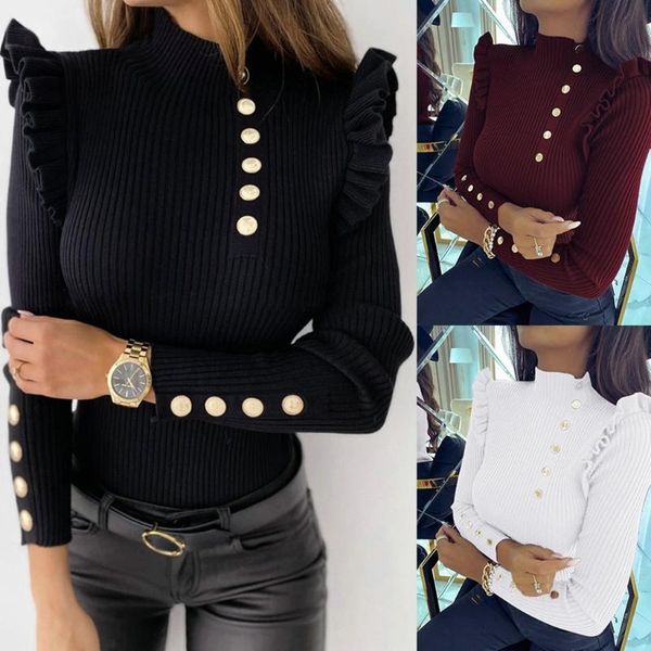 women long sleeve turtleneck sweater ruffles buttons ribbed knit slim jumper x7ya, White;black
women long sleeve turtleneck sweater ruffles buttons ribbed knit slim jumper x7ya, White;black