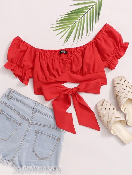tied hem puff sleeve crop j9go#, White