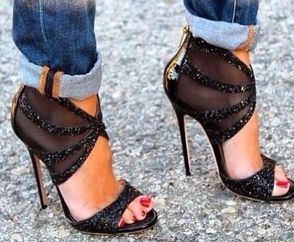 black mesh bling bling stiletto high heels gladiator sandals lady rhinestone thin heels party casual shoes women zip shoes