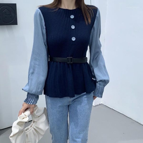 women's sweaters 2021 korean splicing sweater women's autumn and winter temperament slim round neck long sleeve pullover with belt, White;black
women's sweaters 2021 korean splicing sweater women's autumn and winter temperament slim round neck long sleeve pullover with belt, White;black