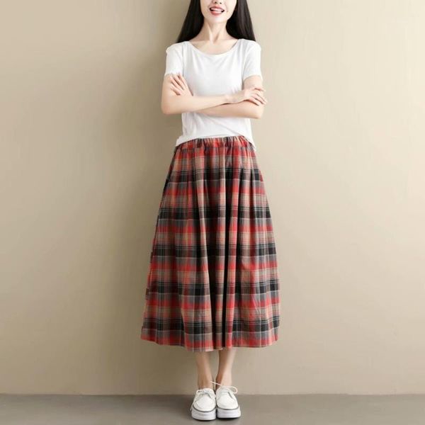 summer autumn women elastic waist skirt female midi long elegant plaid skirt a-line pleated pocket skirts1, Black