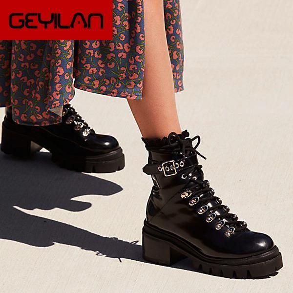 women motorcycle boots ankle patent leather round toe buckle strap platform lace up combat shoes ladies shoes zapatos de mujer, Black
women motorcycle boots ankle patent leather round toe buckle strap platform lace up combat shoes ladies shoes zapatos de mujer, Black