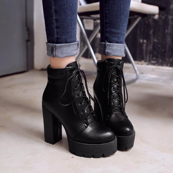 boots fashion pure color round toe lace-up square heels vintage rubber shoes women platform keep warm snow botas mujer, Black
boots fashion pure color round toe lace-up square heels vintage rubber shoes women platform keep warm snow botas mujer, Black