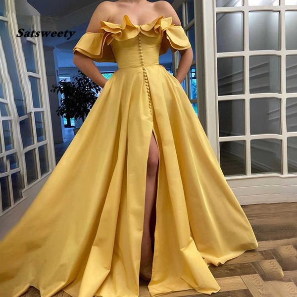 yellow off the shoulder prom dresses strapless ruffles taffeta evening dresses buttons thigh-high slit a-line long party dresses, Black
yellow off the shoulder prom dresses strapless ruffles taffeta evening dresses buttons thigh-high slit a-line long party dresses, Black