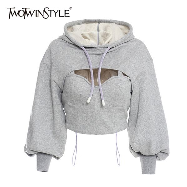 twotwinstyle hollow out gray sweatshirt for women hooded collar long sleeve fake two casual short female fashion fall 201211, Black
twotwinstyle hollow out gray sweatshirt for women hooded collar long sleeve fake two casual short female fashion fall 201211, Black