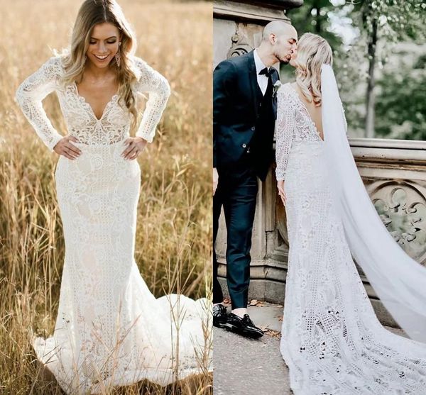 2021 vintage lace mermaid wedding dresses long sleeves v neck back plus size sweep train country wedding bridal gown vestido de novia, White
2021 vintage lace mermaid wedding dresses long sleeves v neck back plus size sweep train country wedding bridal gown vestido de novia, White