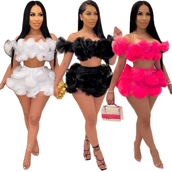 two - piece set of fashionable off-the-shoulder gauze flower decoration and strapless shorts, White
two - piece set of fashionable off-the-shoulder gauze flower decoration and strapless shorts, White