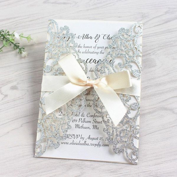 50pcs glitter laser cut wedding invitations with ribbon and envelopes for engagement bridal shower birthday party cards
50pcs glitter laser cut wedding invitations with ribbon and envelopes for engagement bridal shower birthday party cards