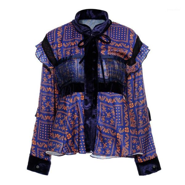 women pattern print ruffles temperament blouse casual stand collar long sleeve loose shirt1, White
women pattern print ruffles temperament blouse casual stand collar long sleeve loose shirt1, White