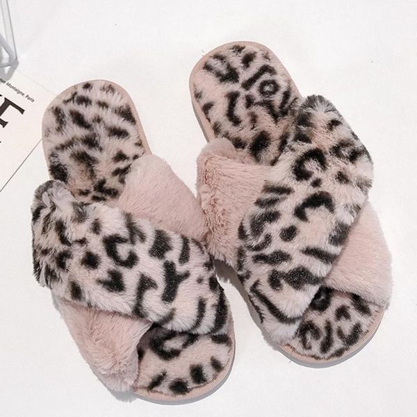 flat leopard comfort warm home anti-slip cotton slippers cross fashion plush soft floor bedroom shoes winter warm cotton slipper1, Black