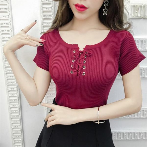 women front lace up summer summer t shirt sweet short sleeves knitted t shirt drop shipping, White
women front lace up summer summer t shirt sweet short sleeves knitted t shirt drop shipping, White