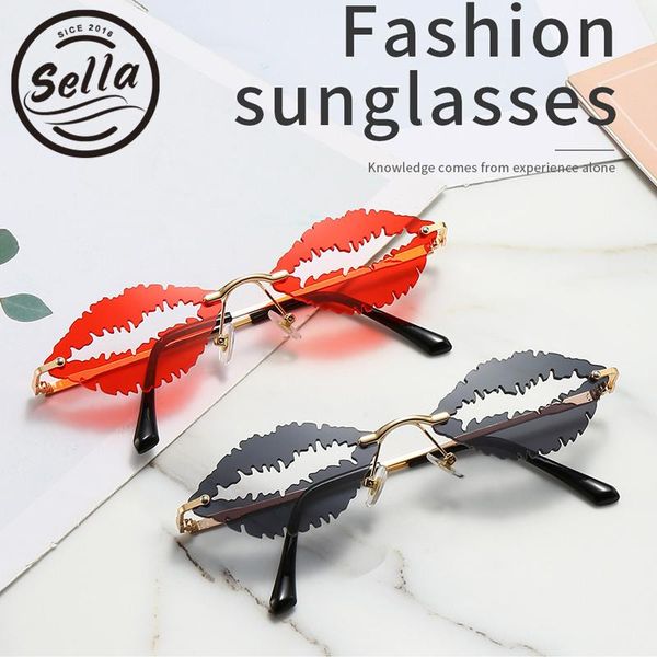 sunglasses sella 2021 ins fashion tint lens lip shaped hollow-out glasses eyewear unique t-show street styles small rimless, White;black