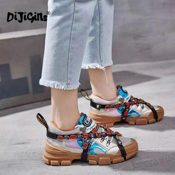 new brand women sneakers winter fashion crystal plat platform lace-up round toe comfortable casual loafers shoes women c1120, Black