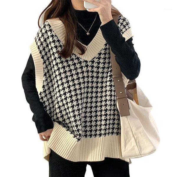 women oversized plaid knitted vest sweater v-neck vintage sleeveless side vents female waistcoat autumn winter loose chic 1, White;black
women oversized plaid knitted vest sweater v-neck vintage sleeveless side vents female waistcoat autumn winter loose chic 1, White;black