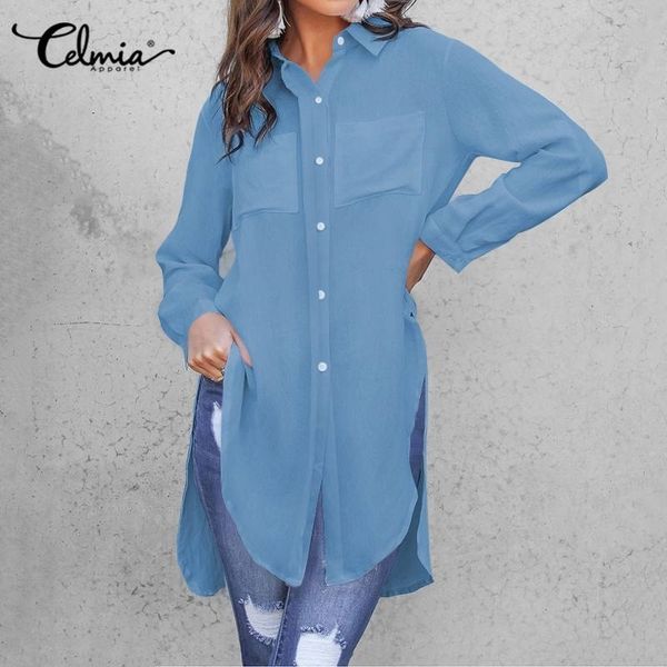 women long shirts celmia fashion lapel neck blouses spring summer irregular hem split tunic elegant blusas plus size y200622, White
women long shirts celmia fashion lapel neck blouses spring summer irregular hem split tunic elegant blusas plus size y200622, White