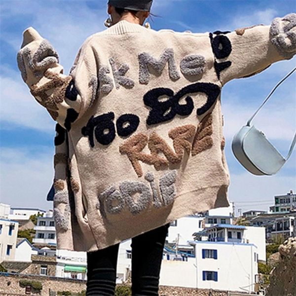 casual oversize letter print cardigan sweater female fashion thick warm korean knitted coat outwear knitwear winter jersey y200915, White;black
casual oversize letter print cardigan sweater female fashion thick warm korean knitted coat outwear knitwear winter jersey y200915, White;black