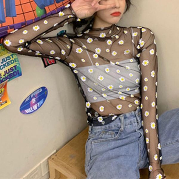 girls turtleneck see through shirt summer ladies casual shirt mesh transparent daisy flower print top, White
girls turtleneck see through shirt summer ladies casual shirt mesh transparent daisy flower print top, White