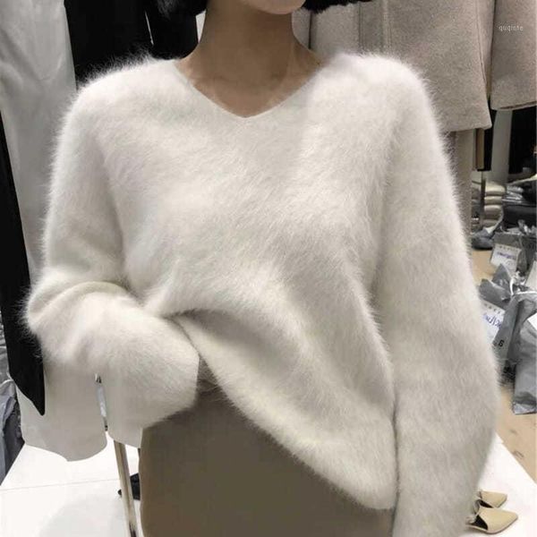 women 2021 autumn winter fashion v-neck pullover female mink cashmere sweater ladies solid color loose knit d6251, White;black
women 2021 autumn winter fashion v-neck pullover female mink cashmere sweater ladies solid color loose knit d6251, White;black