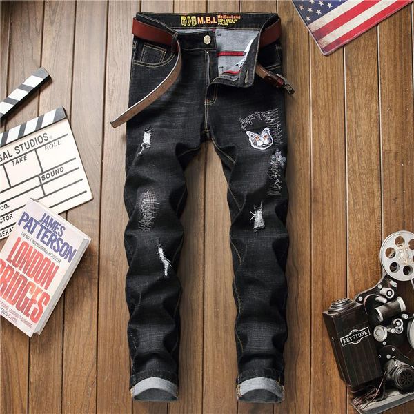 hole patch personality denim trousers four season jeans new fashion brand embroidery printed jeans men slim stretch beggar pants, Blue
hole patch personality denim trousers four season jeans new fashion brand embroidery printed jeans men slim stretch beggar pants, Blue