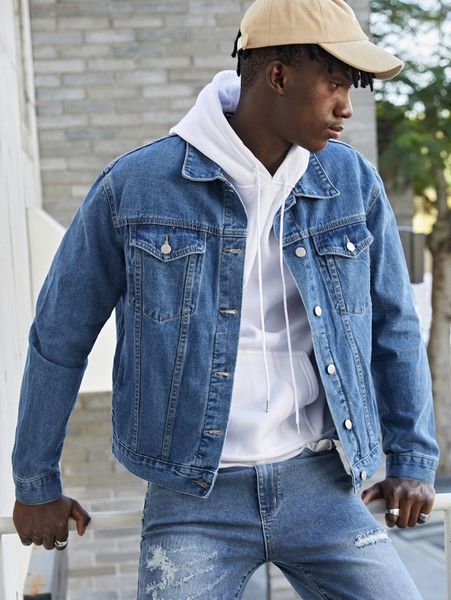 men flap detail denim jacket s0ob#, Blue