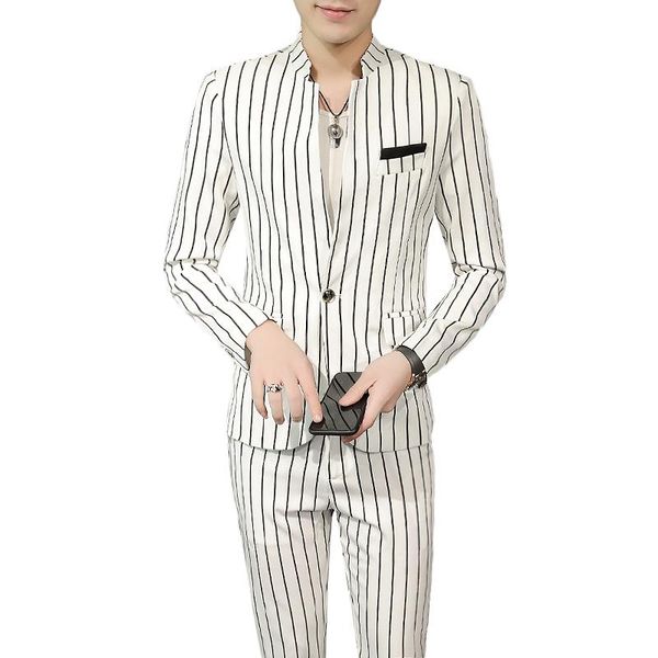slim-fit white men striped two-piece set single-breasted stand-up collar blazer coat and pants fashionable retro male clothing, White;black
slim-fit white men striped two-piece set single-breasted stand-up collar blazer coat and pants fashionable retro male clothing, White;black