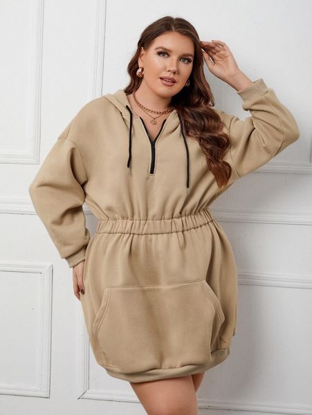 plus kangaroo pocket drop shoulder drawstring thermal hoodie dress c6pu#, Black 
plus kangaroo pocket drop shoulder drawstring thermal hoodie dress c6pu#, Black