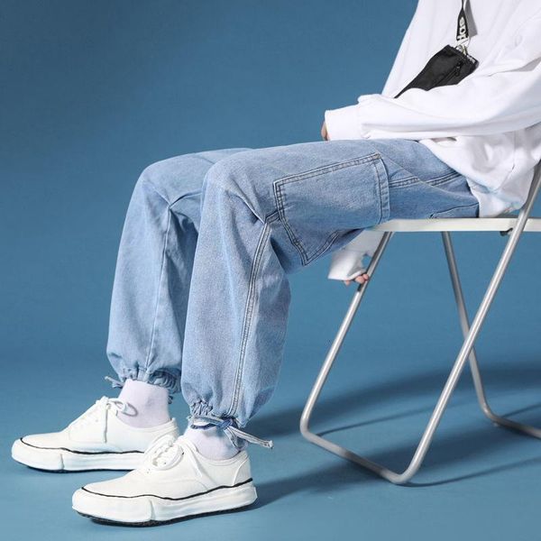 men's jeans simple big pockets drawstring straight leg trousers loose design casual cargo pants men tide, Blue
men's jeans simple big pockets drawstring straight leg trousers loose design casual cargo pants men tide, Blue