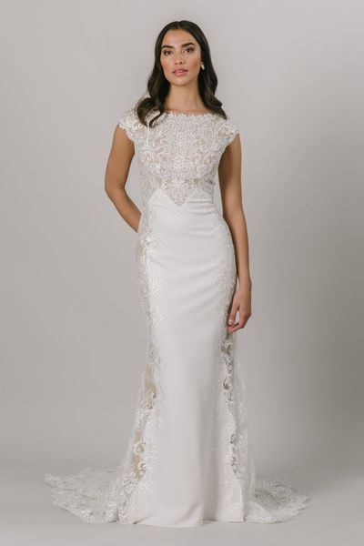 2021 ivory champagne mermaid modest wedding dresses cap sleeves jewel neck buttons back lace crepe lds bridal gowns bride dress custom made, White
2021 ivory champagne mermaid modest wedding dresses cap sleeves jewel neck buttons back lace crepe lds bridal gowns bride dress custom made, White