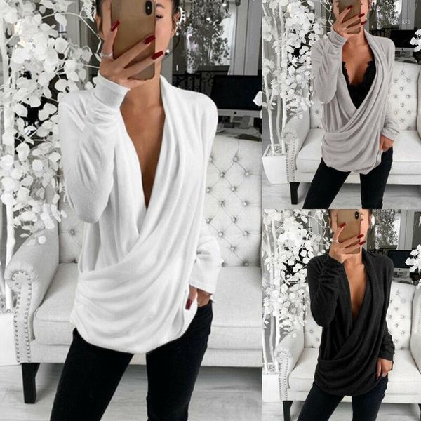 womens deep v neck long sleeve cross t shirt basic tee, White
womens deep v neck long sleeve cross t shirt basic tee, White