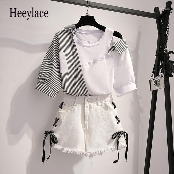2020 korean two pieces set women summer striped patchwork off shoulder blouse and white denim shorts sets women tracksuit11
2020 korean two pieces set women summer striped patchwork off shoulder blouse and white denim shorts sets women tracksuit11